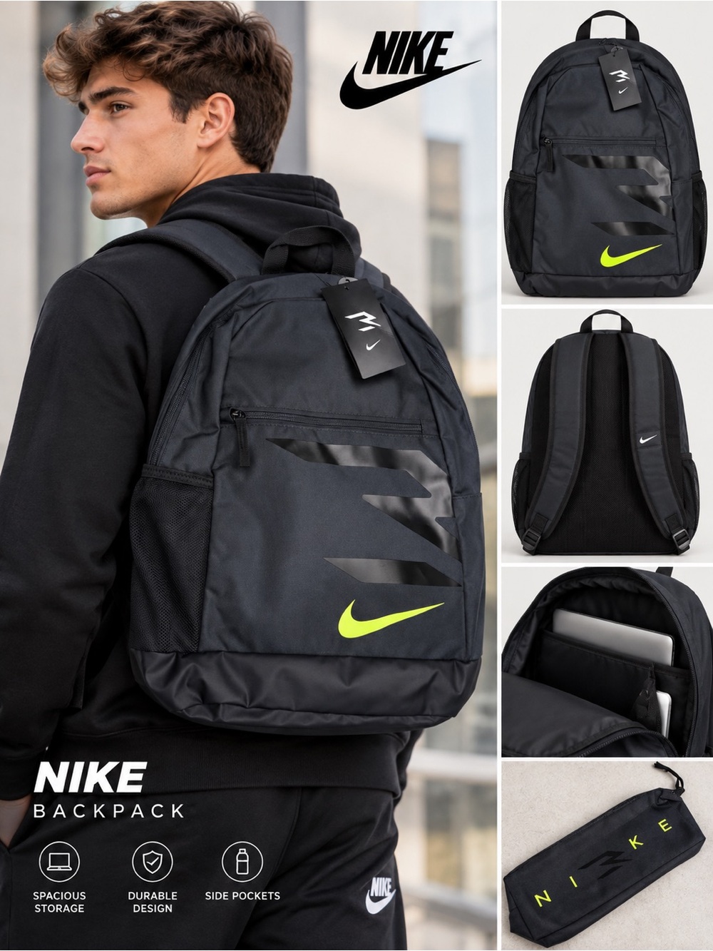 Nike Black Backpack with Neon Yellow Swoosh